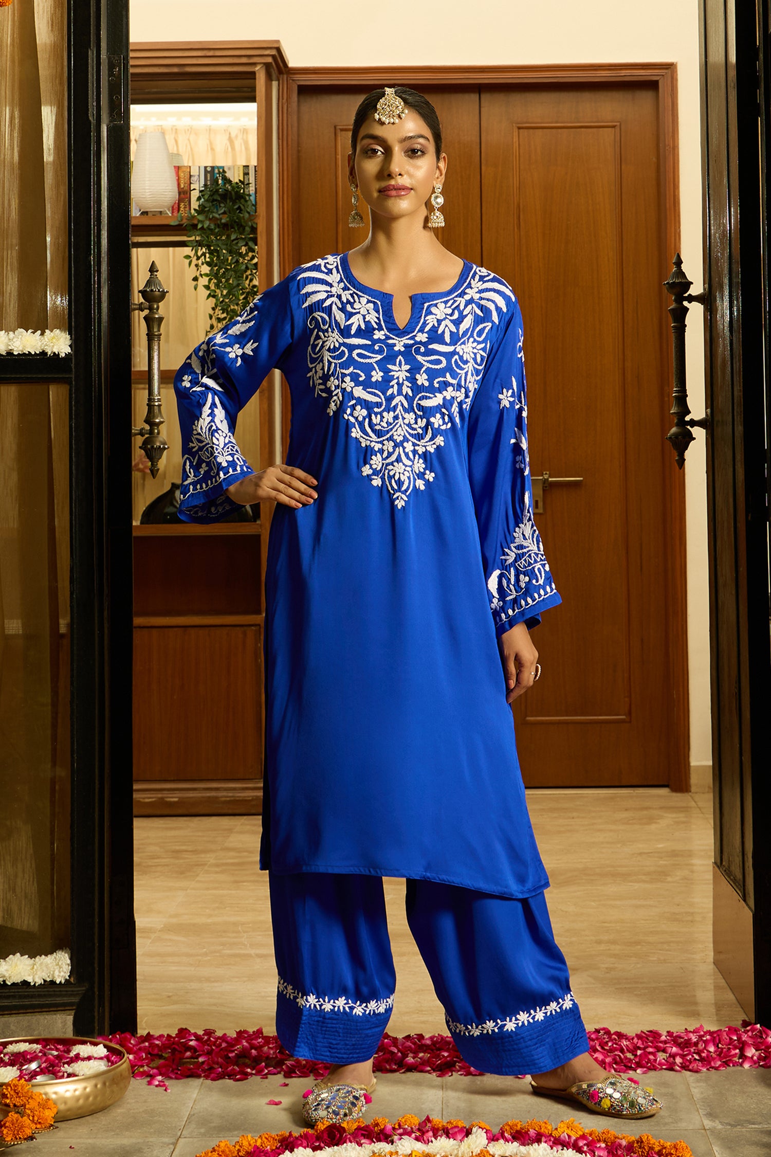 Chikankari Kurta Set in Satin Silk with Farsi Pants – Royal Blue