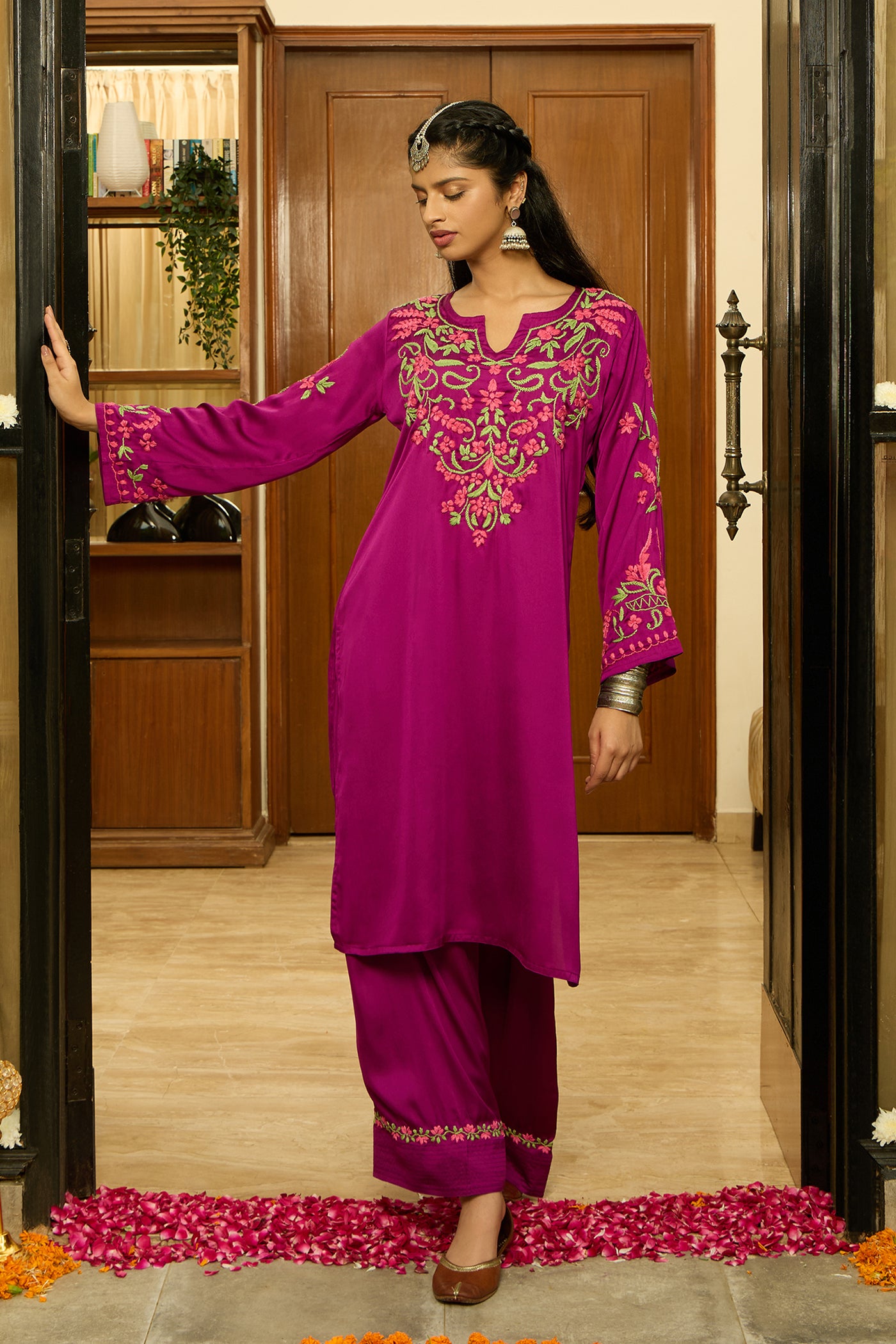 Chikankari Kurta Set in Satin Silk with Farsi Pants – Purple