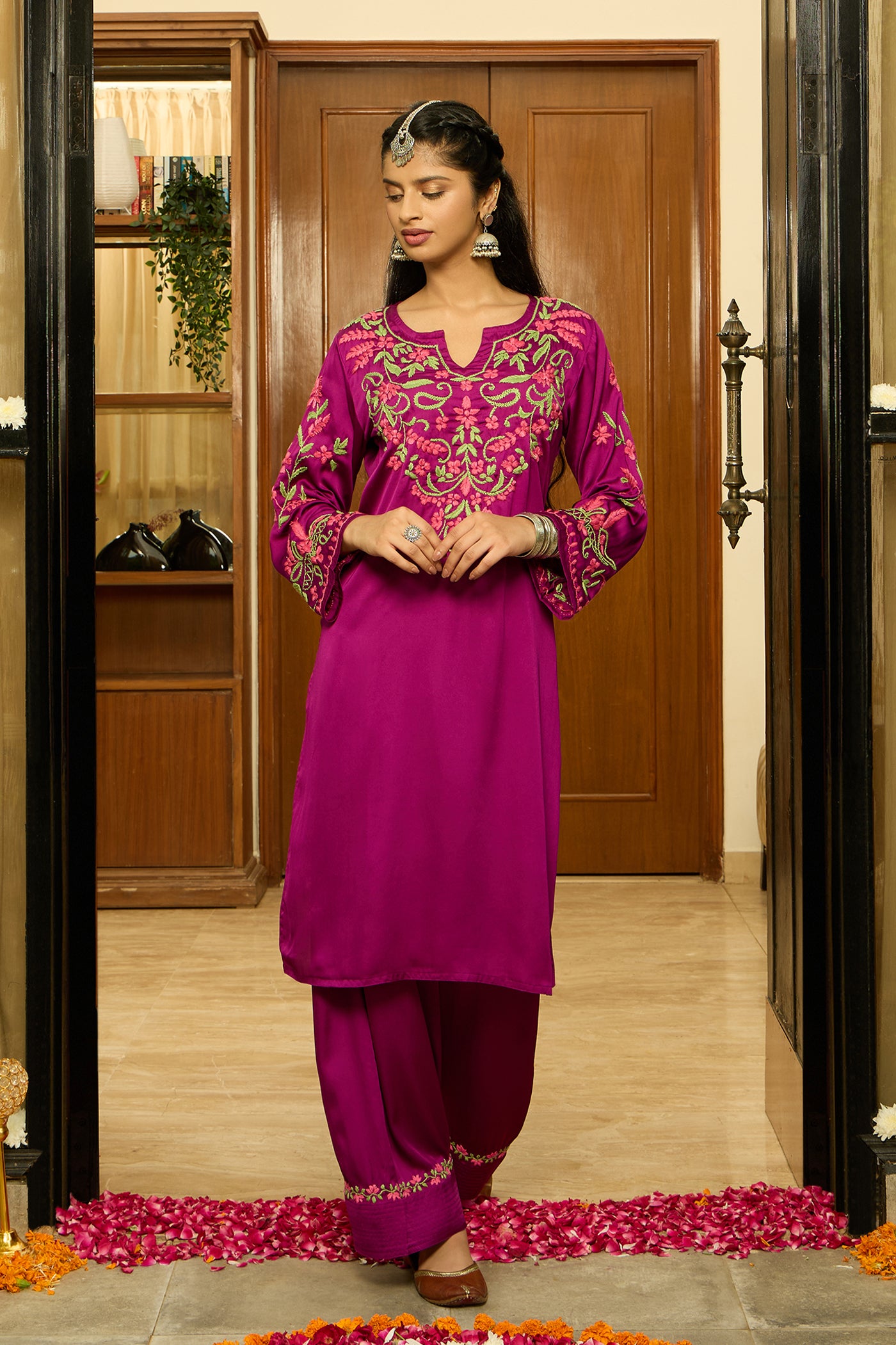Chikankari Kurta Set in Satin Silk with Farsi Pants – Purple