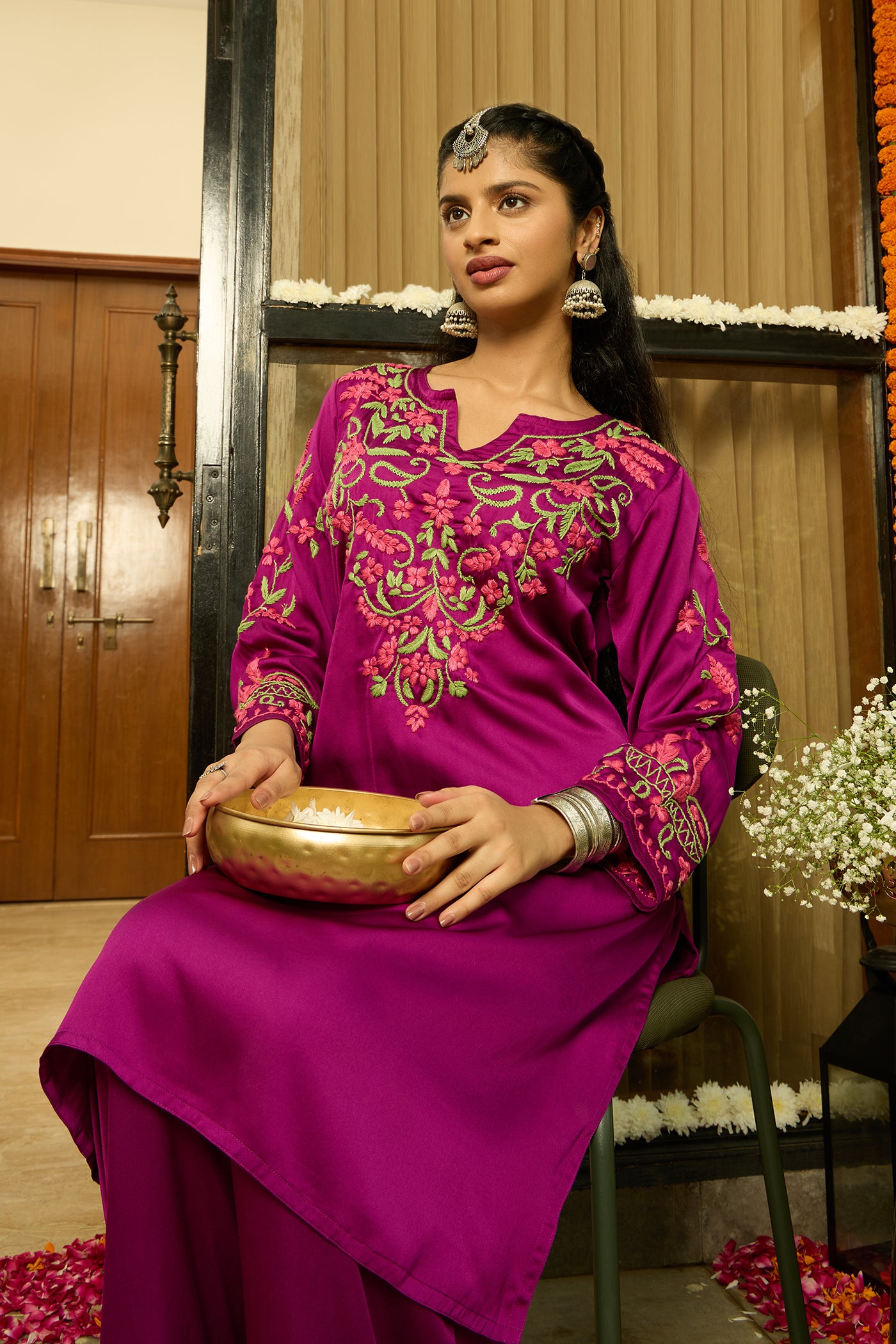 Chikankari Kurta Set in Satin Silk with Farsi Pants – Purple