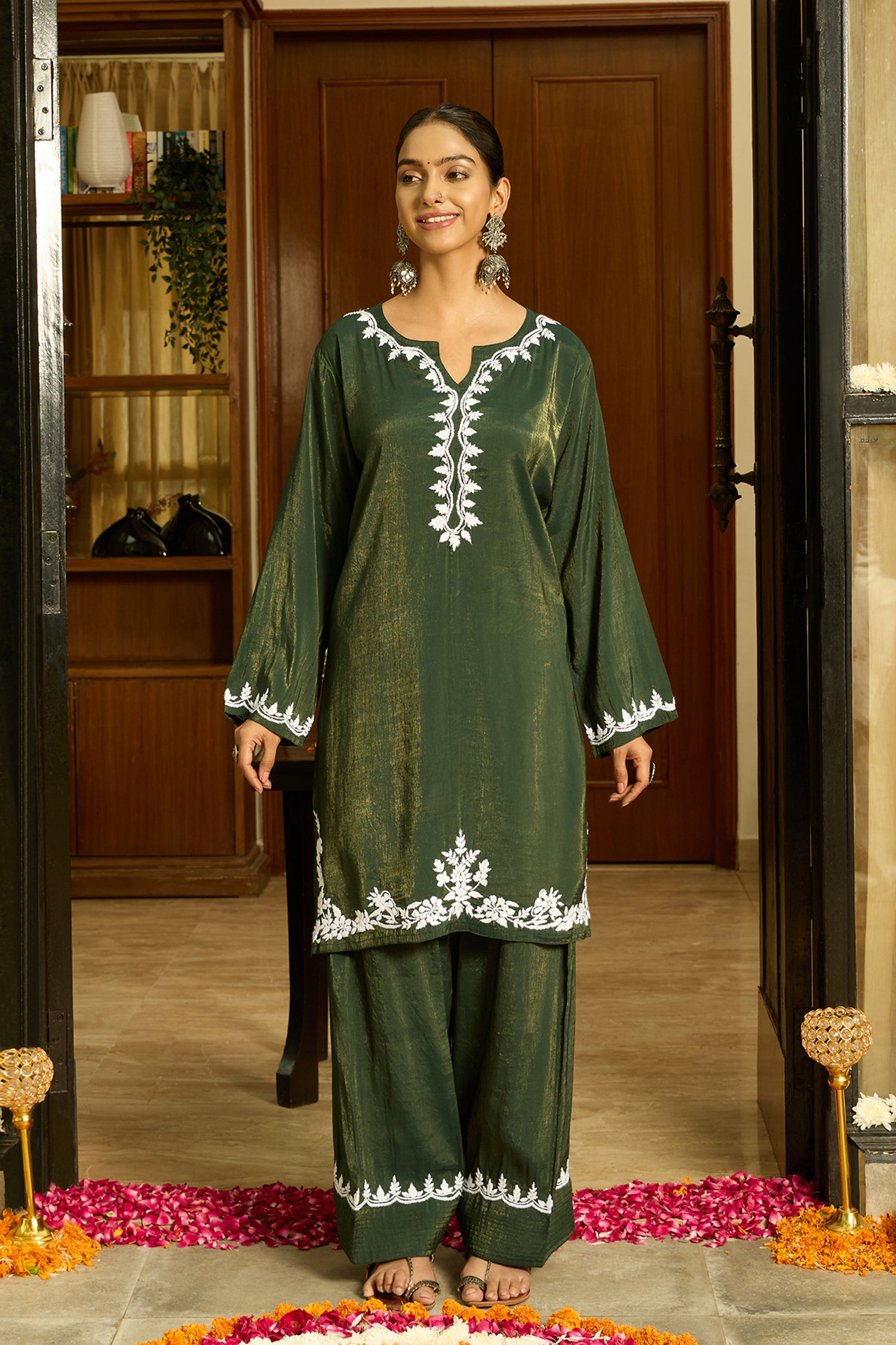 Chikankari Kurta Set in Viscose with Farsi Pants – Bottle Green