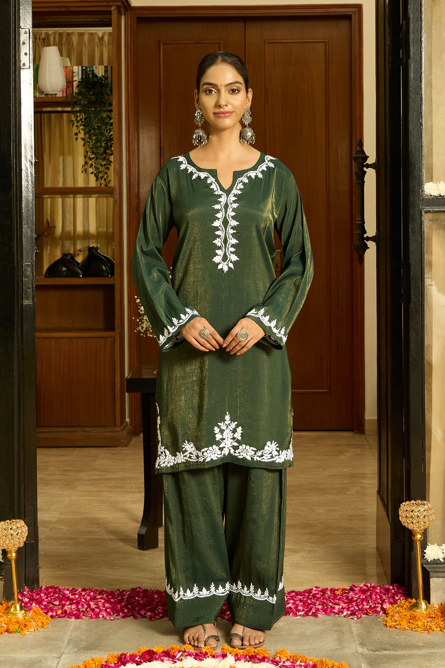 Chikankari Kurta Set in Viscose with Farsi Pants – Bottle Green