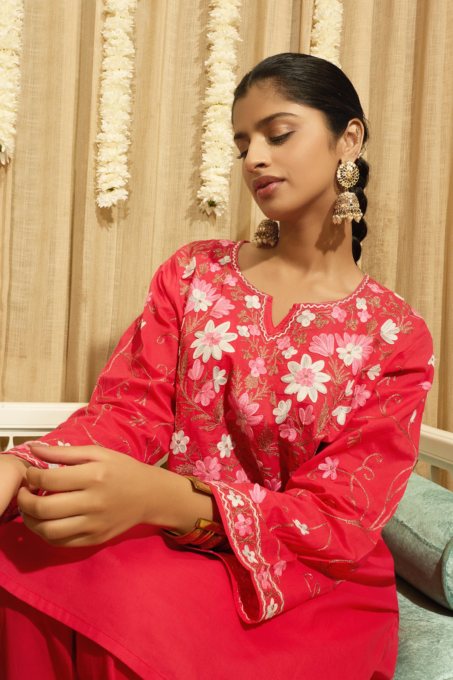 Kashmiri Aari Embroidered Kurta Set with Farsi Pants - Pink