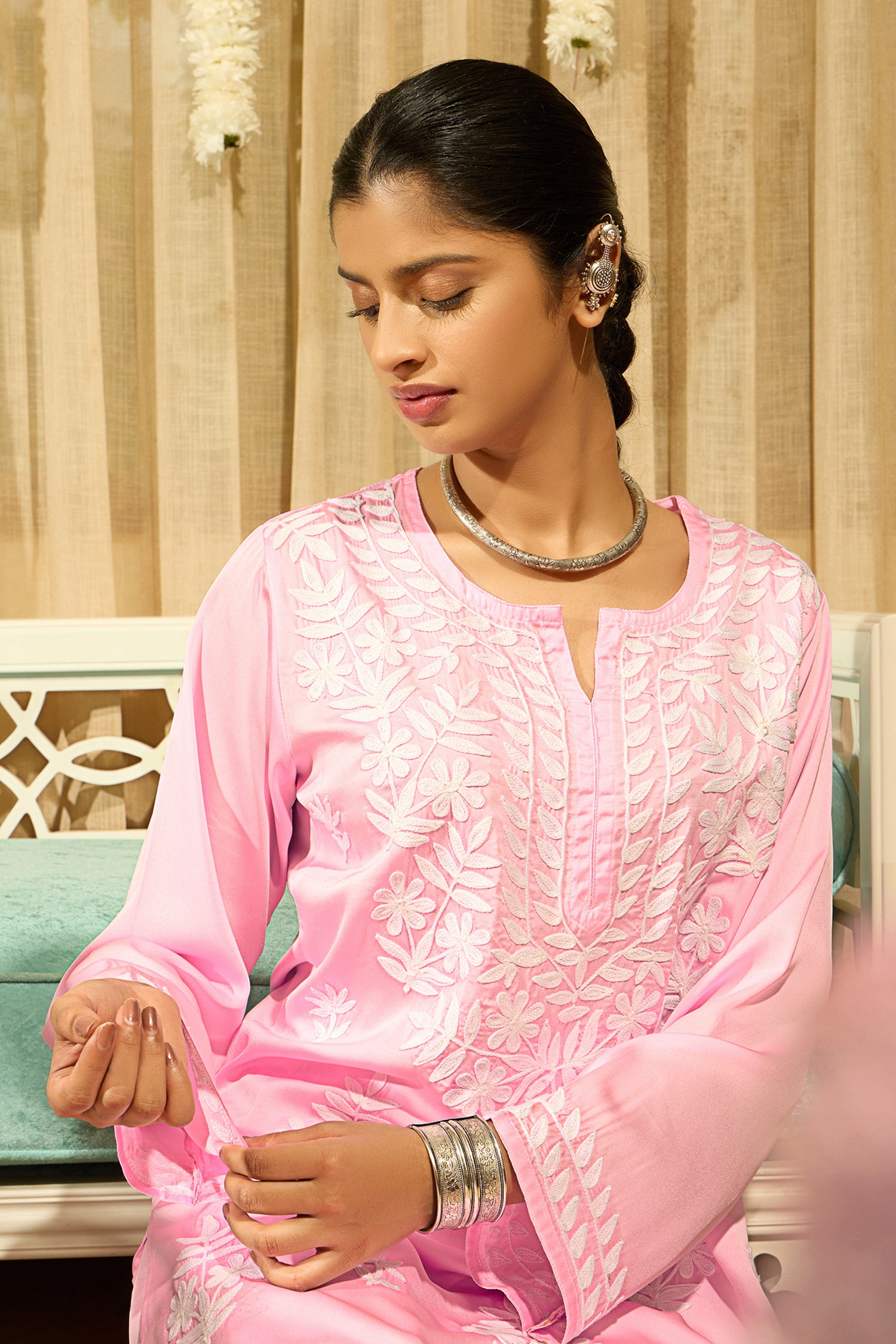 Kashmiri Aari Embroidered Kurta Set with Farsi Pants in Pink Satin Silk
