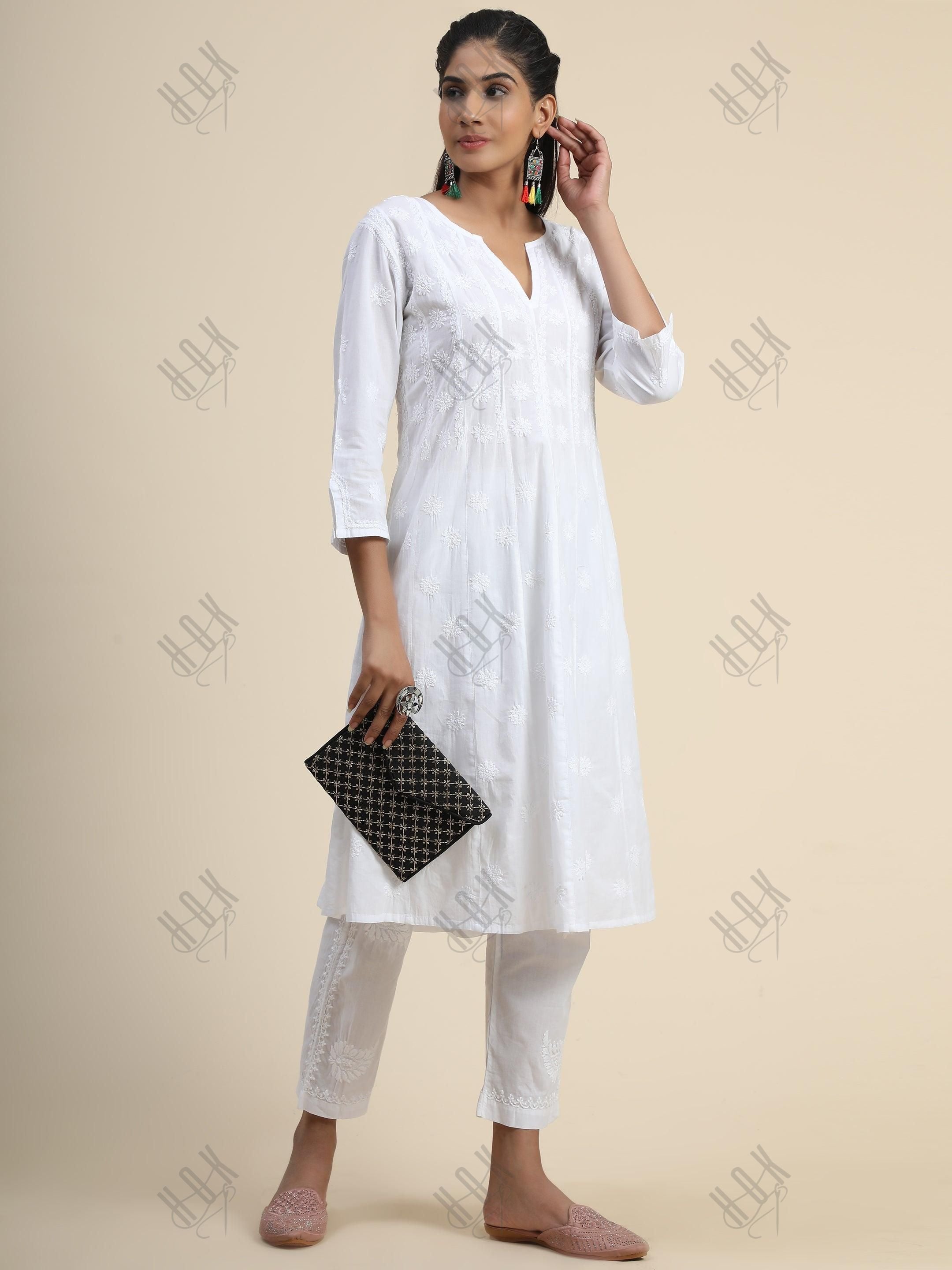 Chikankari Hand embroidery Anarkali Dress in Cotton White - House Of Kari (Chikankari Clothing)