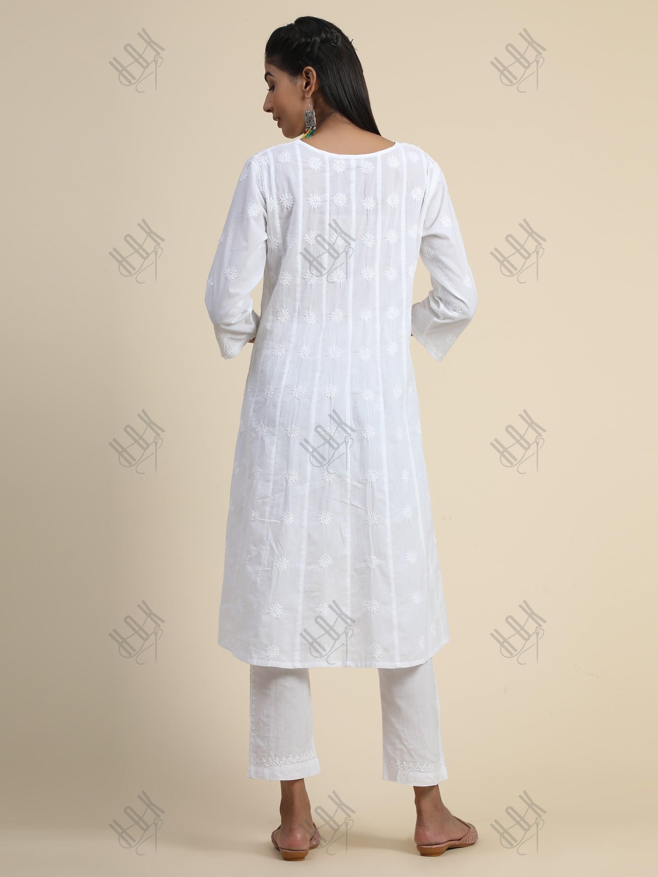 Chikankari Hand embroidery Anarkali Dress in Cotton White - House Of Kari (Chikankari Clothing)