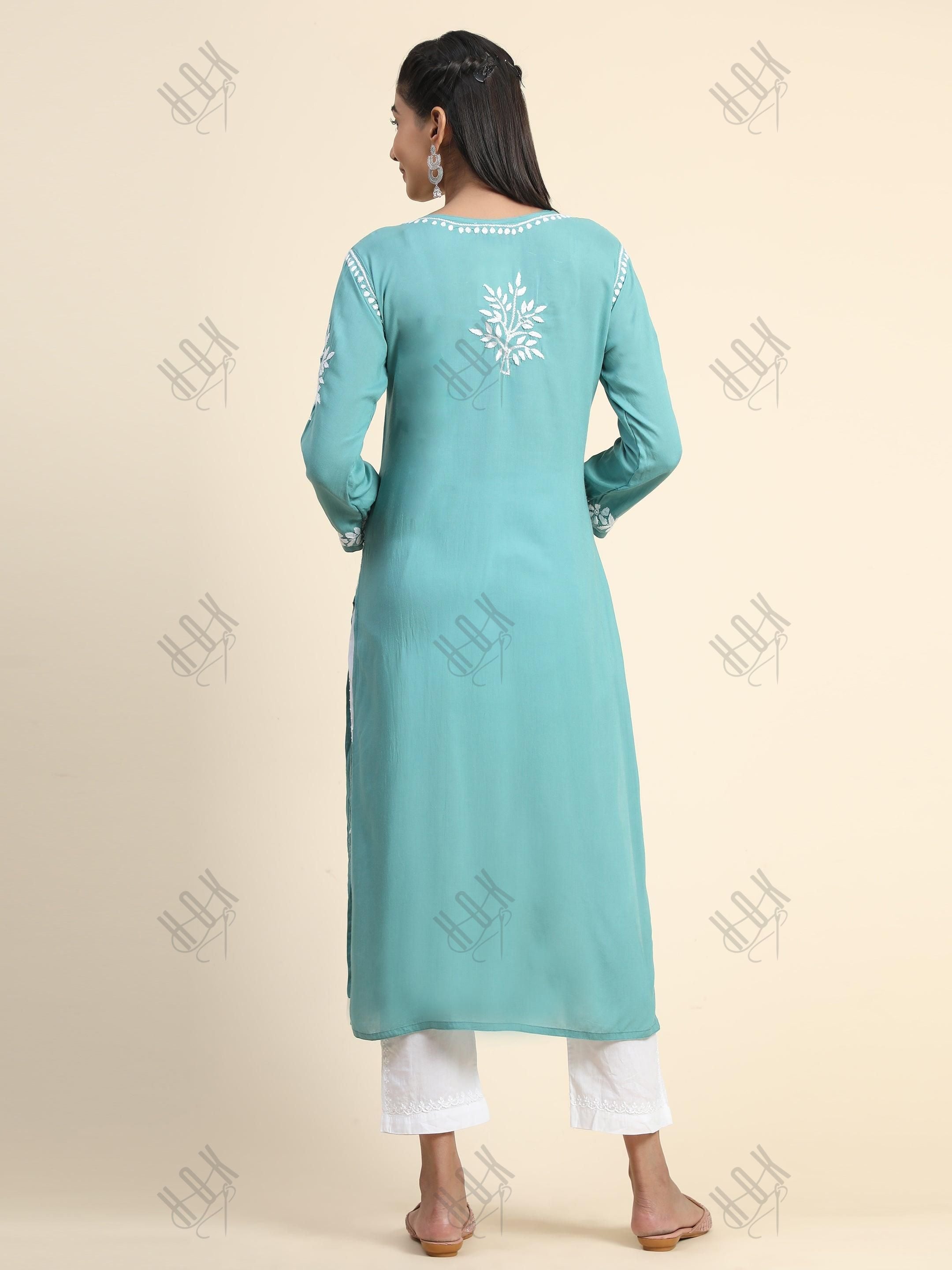 Samma Premium Hand Embroidery Chikankari Kurta in Modal Cotton- Pista Green - House Of Kari (Chikankari Clothing)