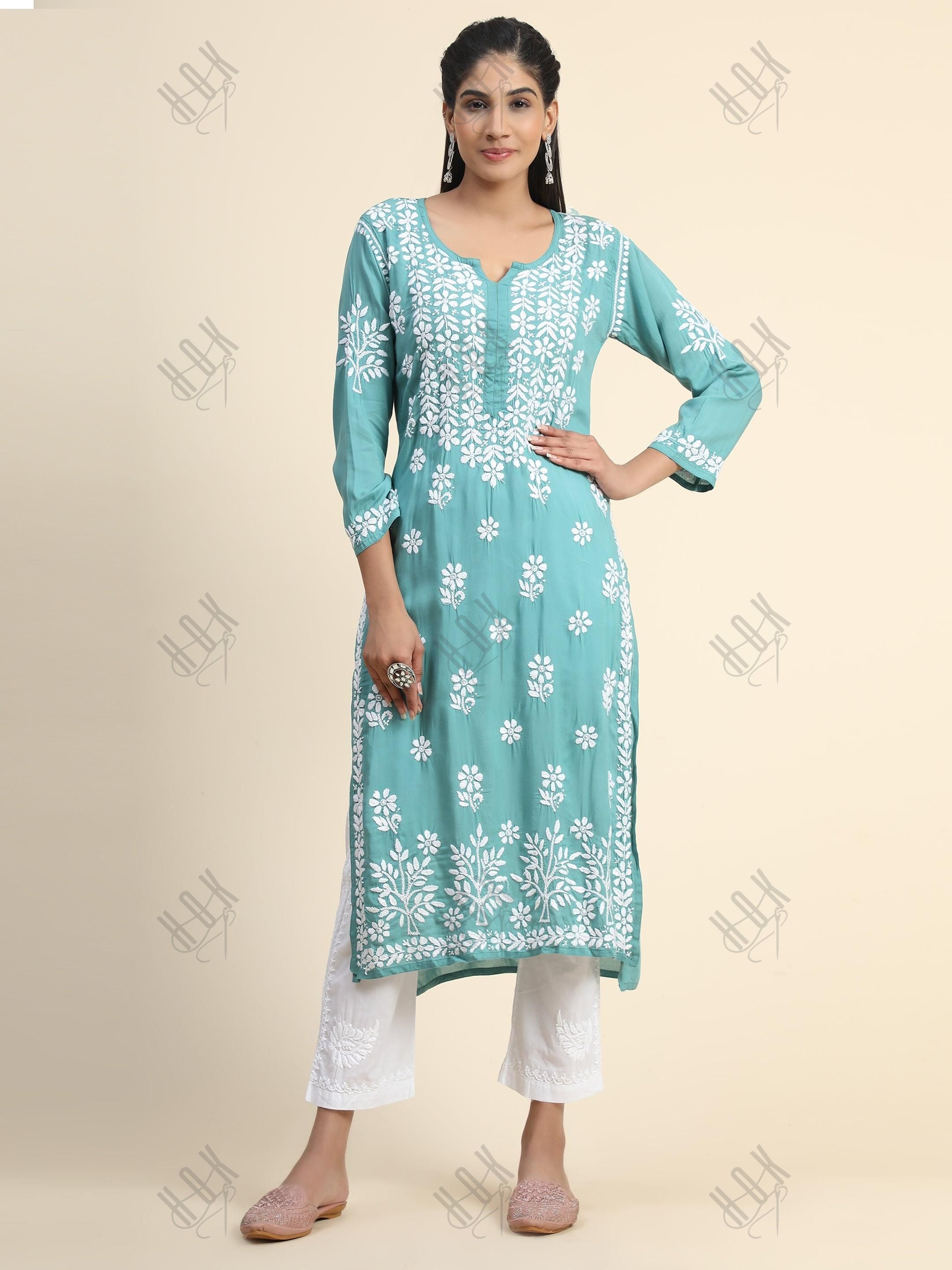 Samma Premium Hand Embroidery Chikankari Kurta in Modal Cotton- Pista Green - House Of Kari (Chikankari Clothing)