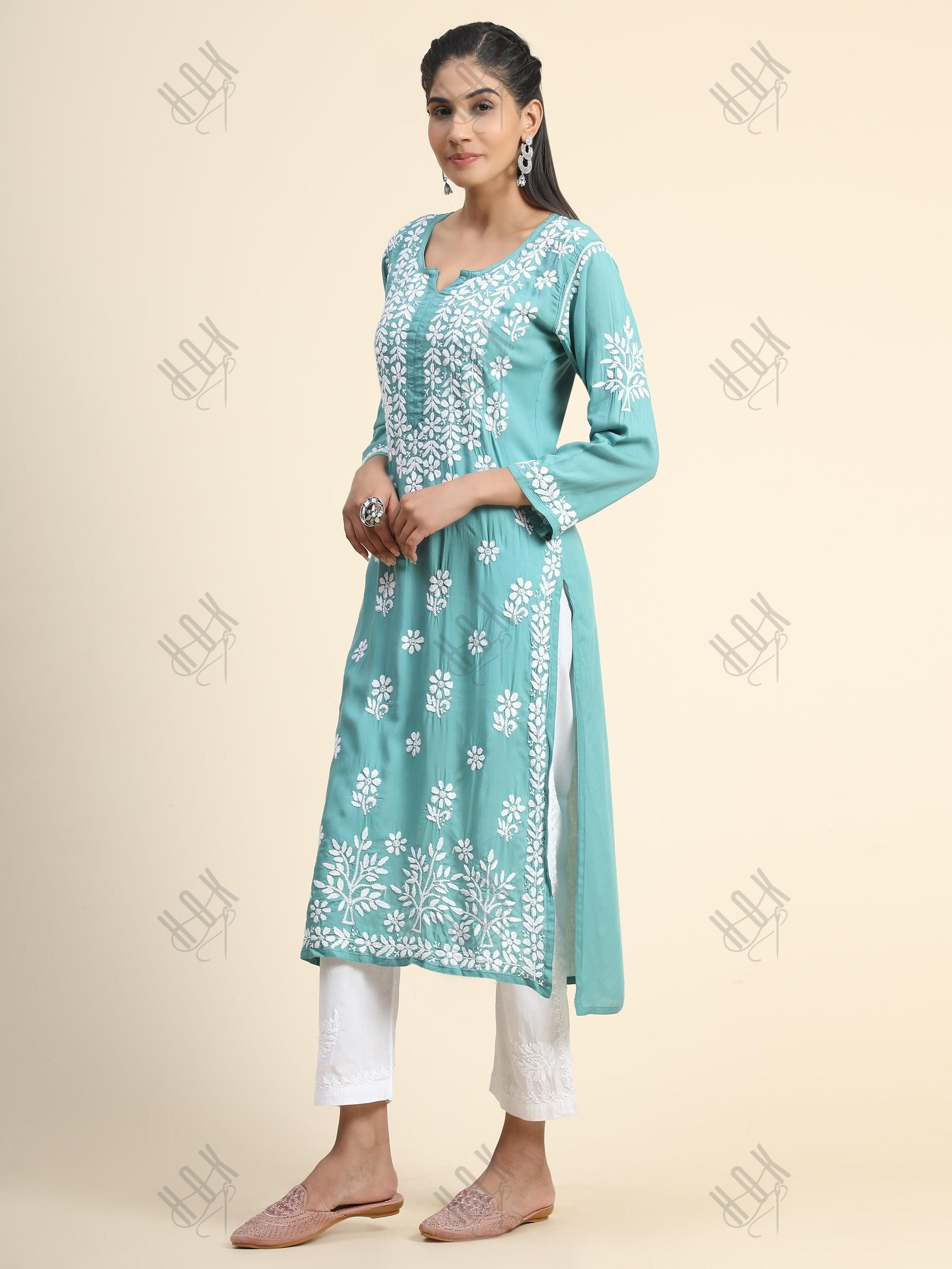 Samma Premium Hand Embroidery Chikankari Kurta in Modal Cotton- Pista Green - House Of Kari (Chikankari Clothing)