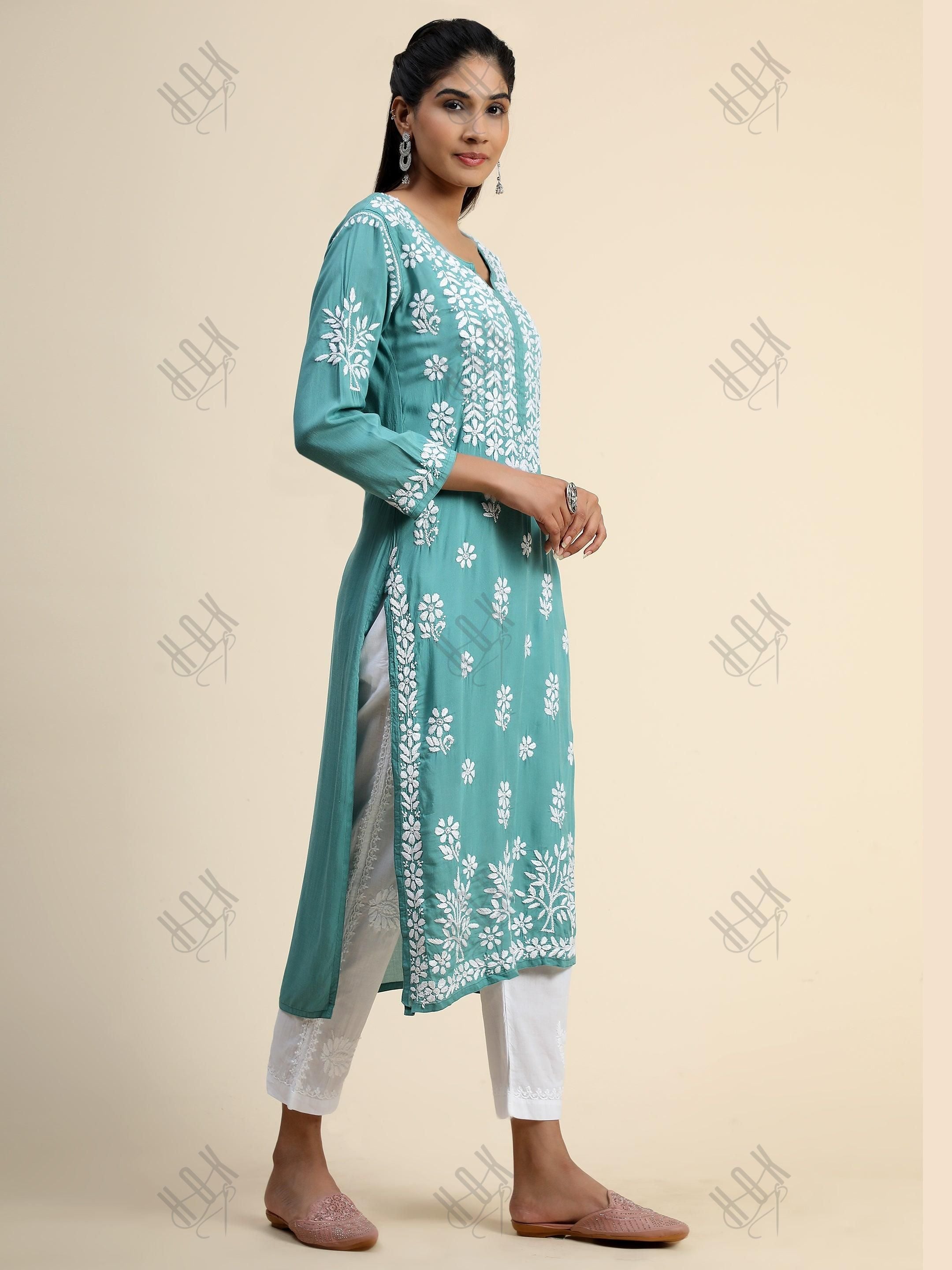 Samma Premium Hand Embroidery Chikankari Kurta in Modal Cotton- Pista Green - House Of Kari (Chikankari Clothing)