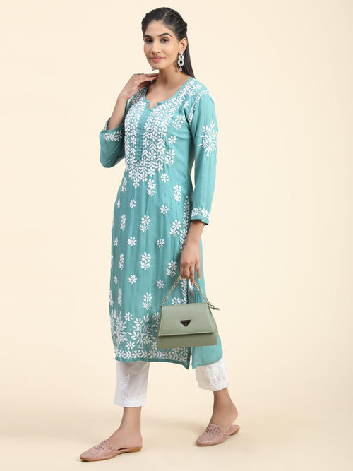 Samma Premium Hand Embroidery Chikankari Kurta in Modal Cotton- Pista Green - House Of Kari (Chikankari Clothing)