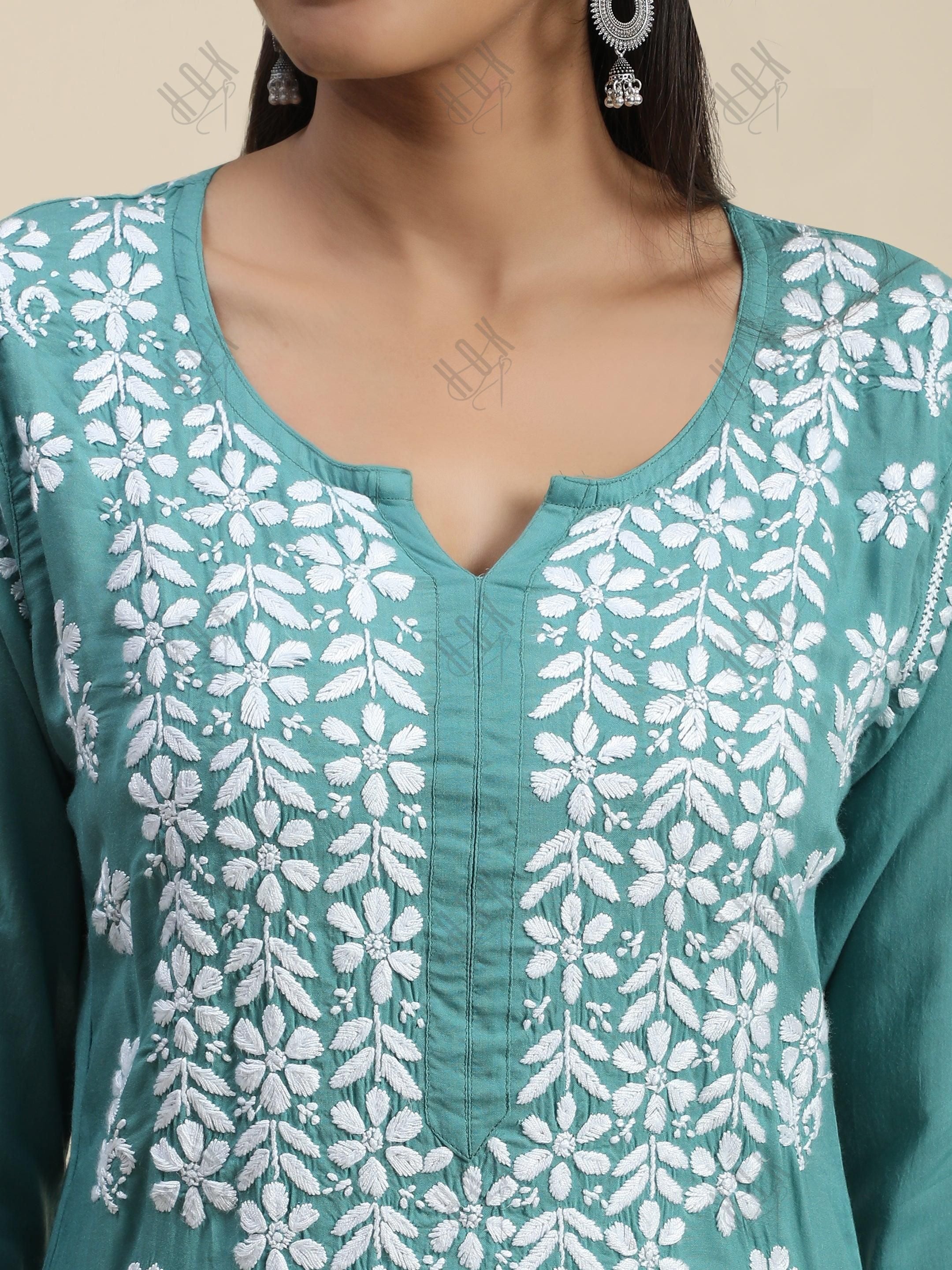 Samma Premium Hand Embroidery Chikankari Kurta in Modal Cotton- Pista Green - House Of Kari (Chikankari Clothing)