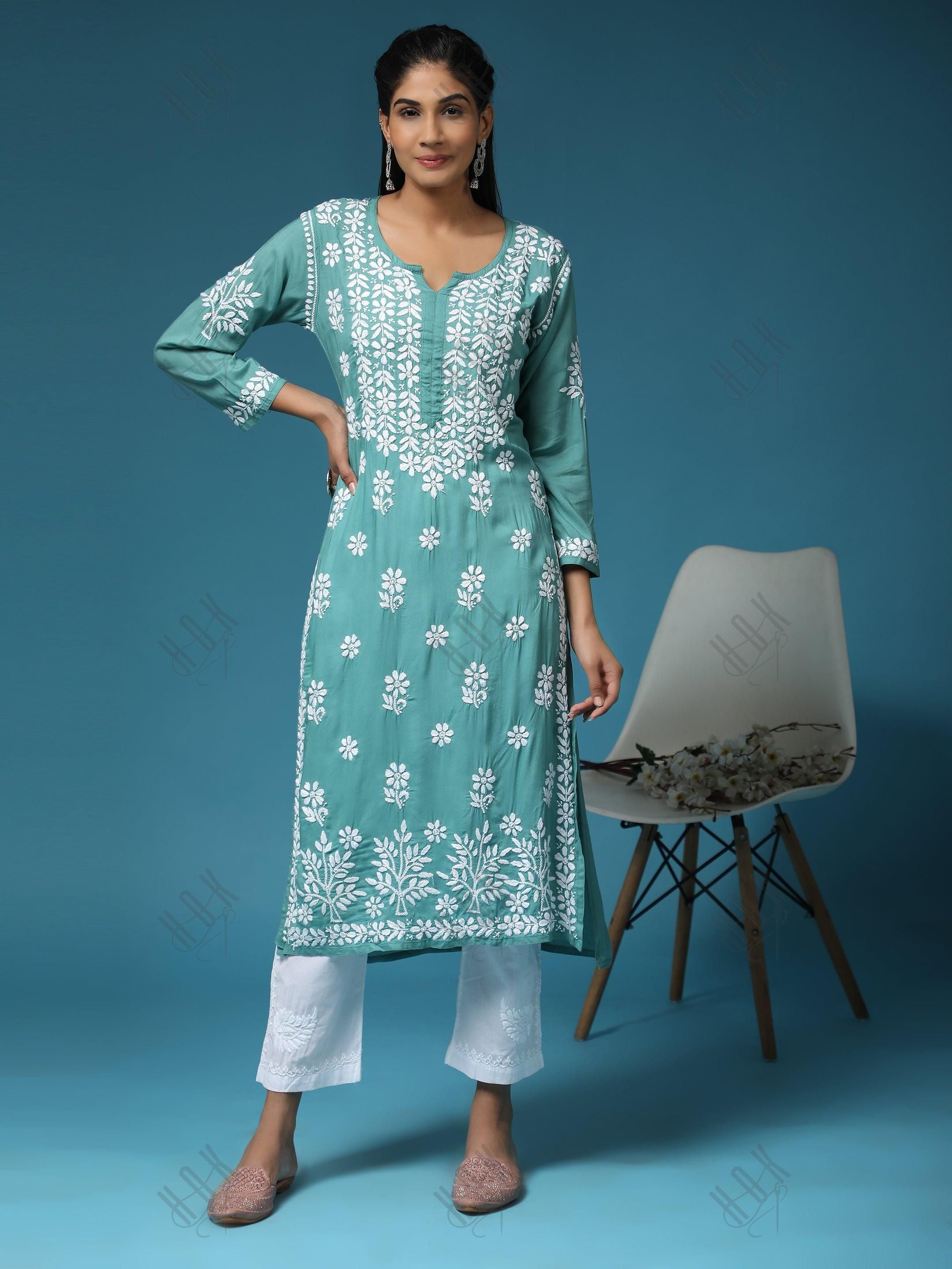 Samma Premium Hand Embroidery Chikankari Kurta in Modal Cotton- Pista Green - House Of Kari (Chikankari Clothing)