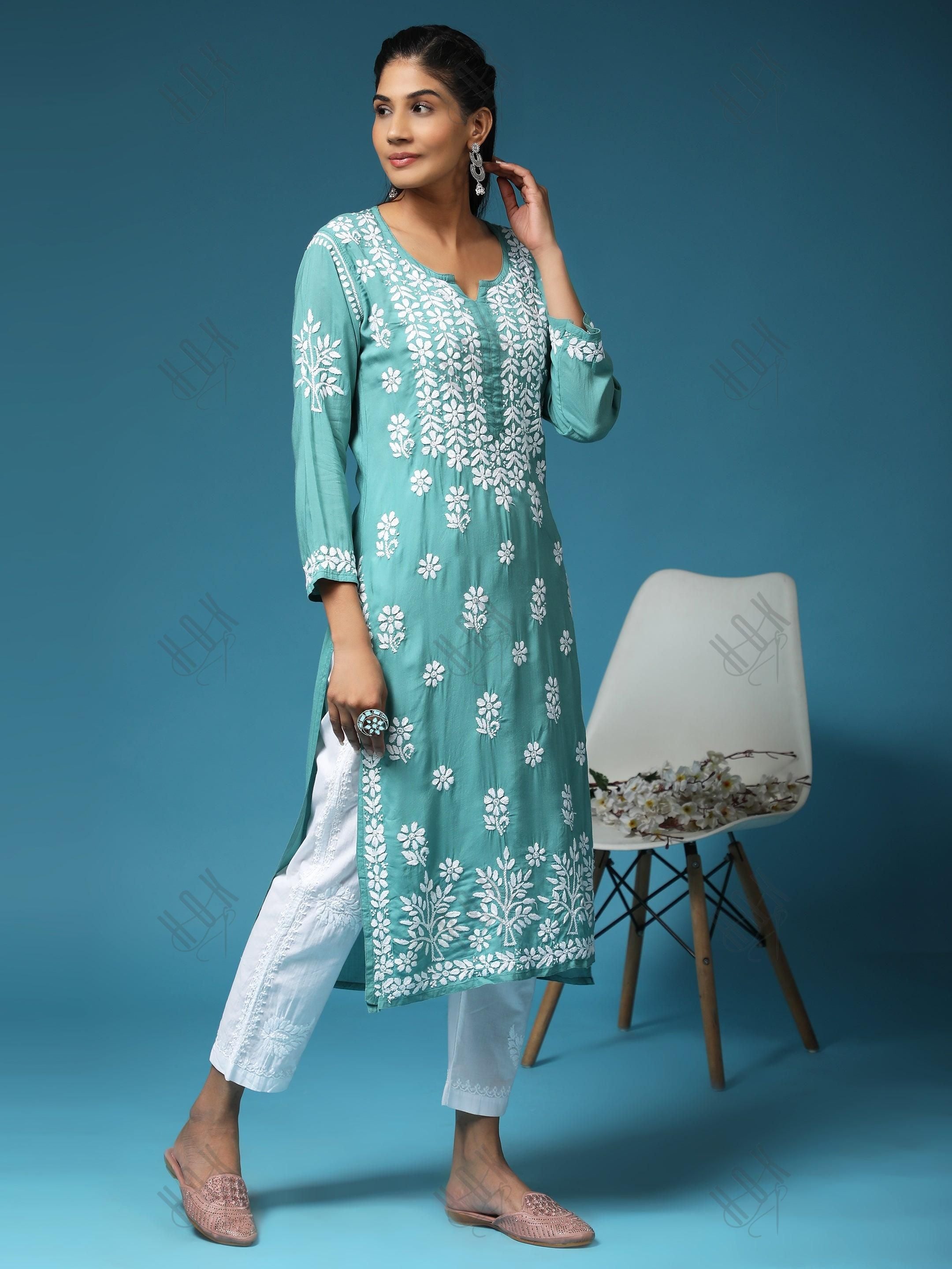 Samma Premium Hand Embroidery Chikankari Kurta in Modal Cotton- Pista Green - House Of Kari (Chikankari Clothing)