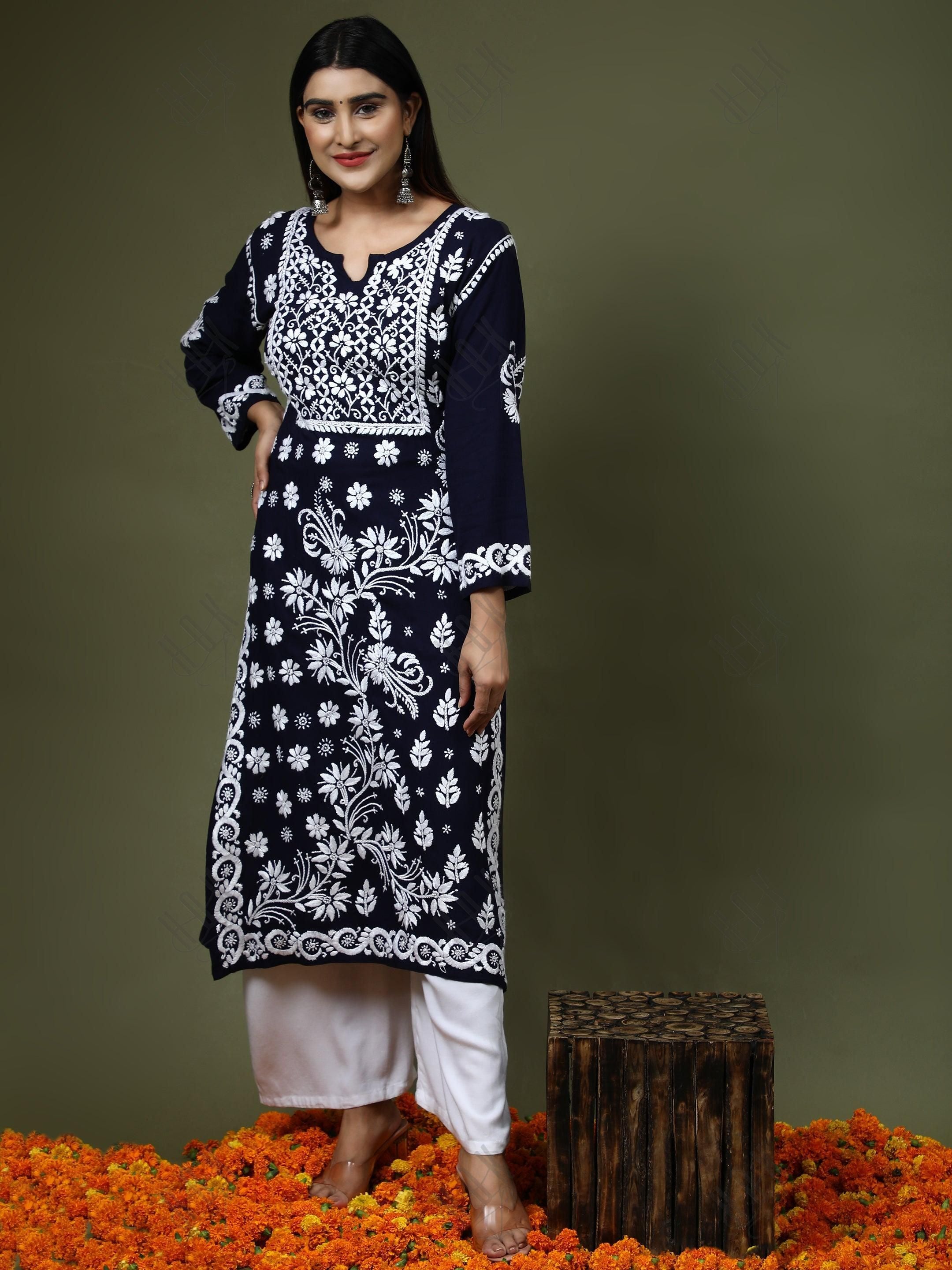 RIA IN HOK Chikankari Stylish Kurti Dark Blue - House Of Kari (Chikankari Clothing)