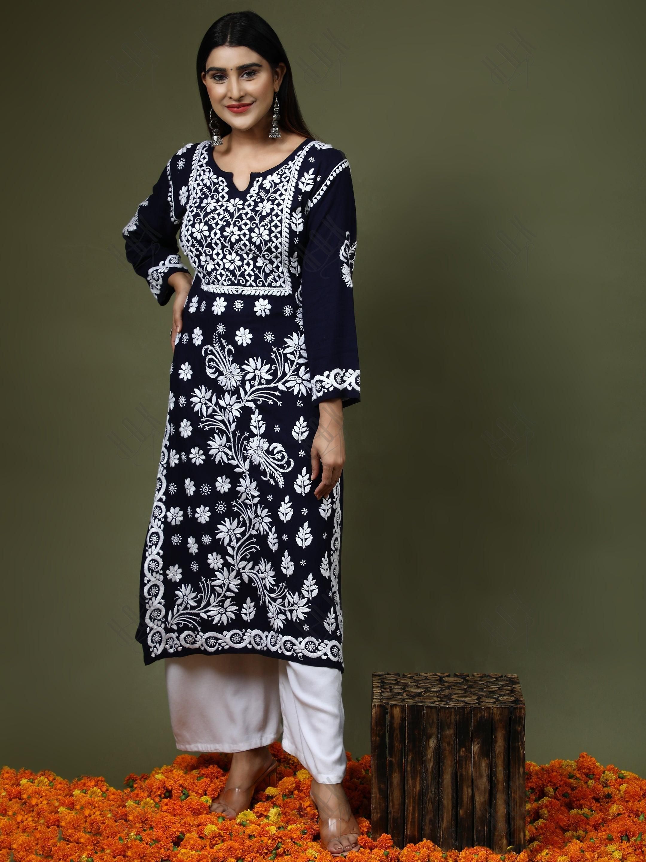 HOK Chikankari Stylish Kurti Dark Blue - House Of Kari (Chikankari Clothing)