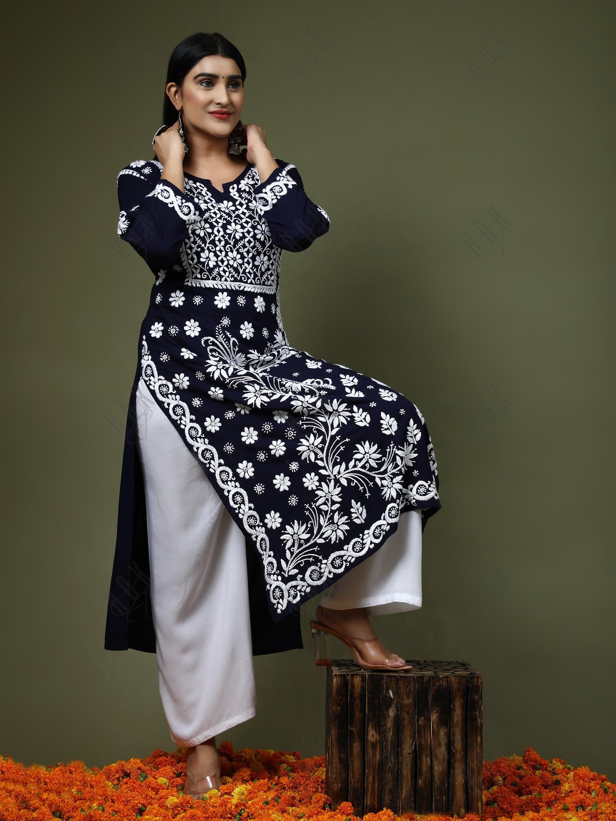 RIA IN HOK Chikankari Stylish Kurti Dark Blue - House Of Kari (Chikankari Clothing)