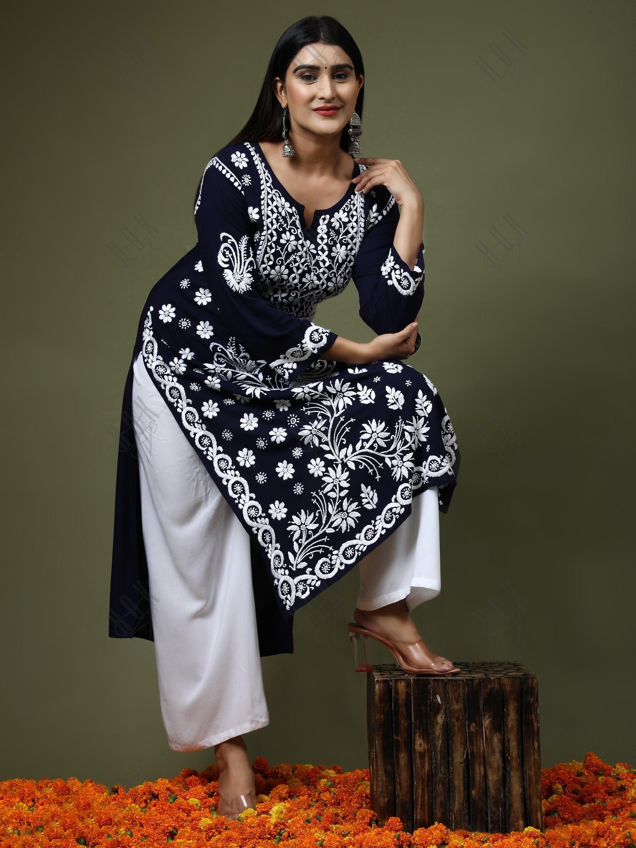 RIA IN HOK Chikankari Stylish Kurti Dark Blue - House Of Kari (Chikankari Clothing)