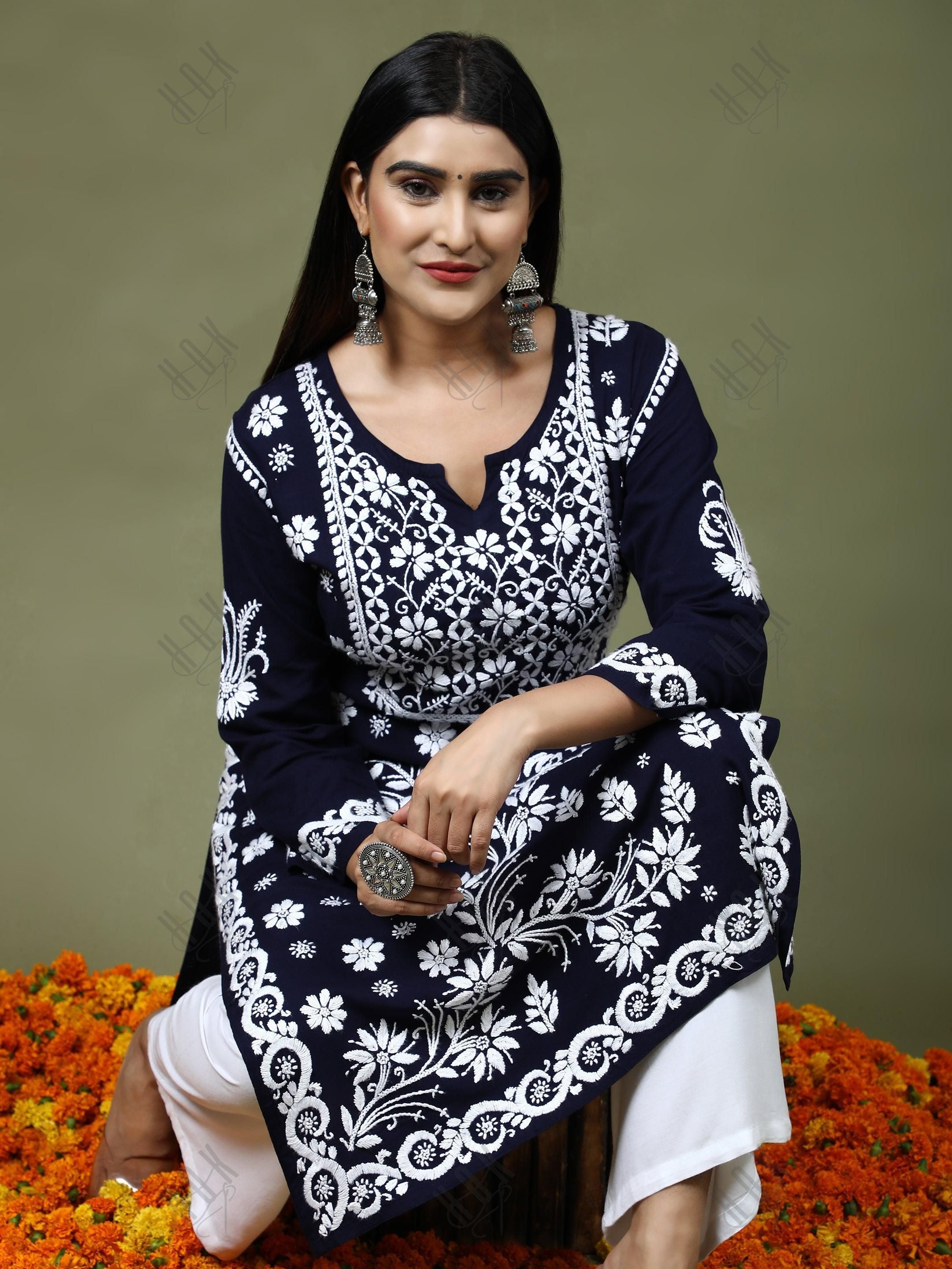 RIA IN HOK Chikankari Stylish Kurti Dark Blue - House Of Kari (Chikankari Clothing)