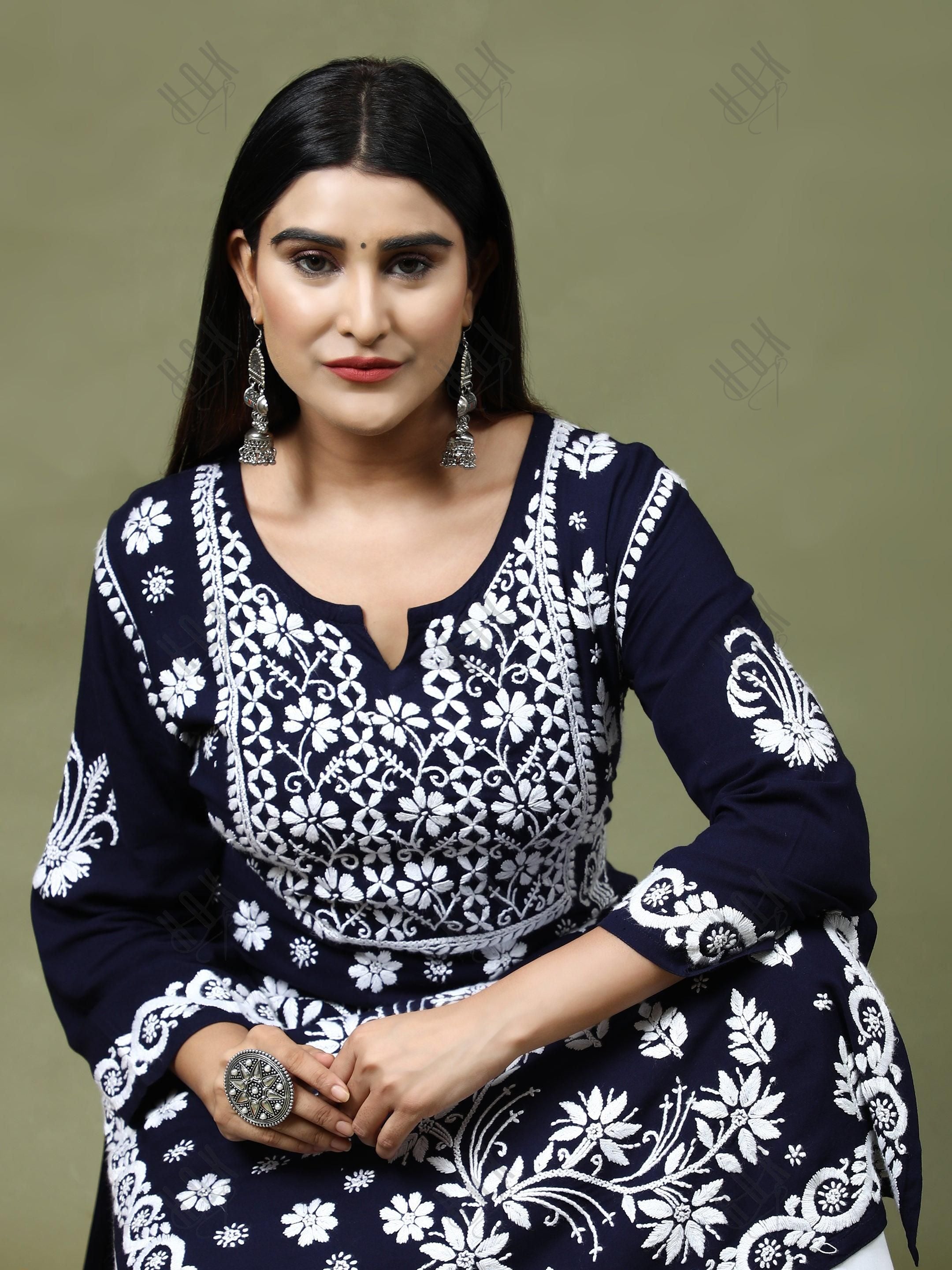 RIA IN HOK Chikankari Stylish Kurti Dark Blue - House Of Kari (Chikankari Clothing)