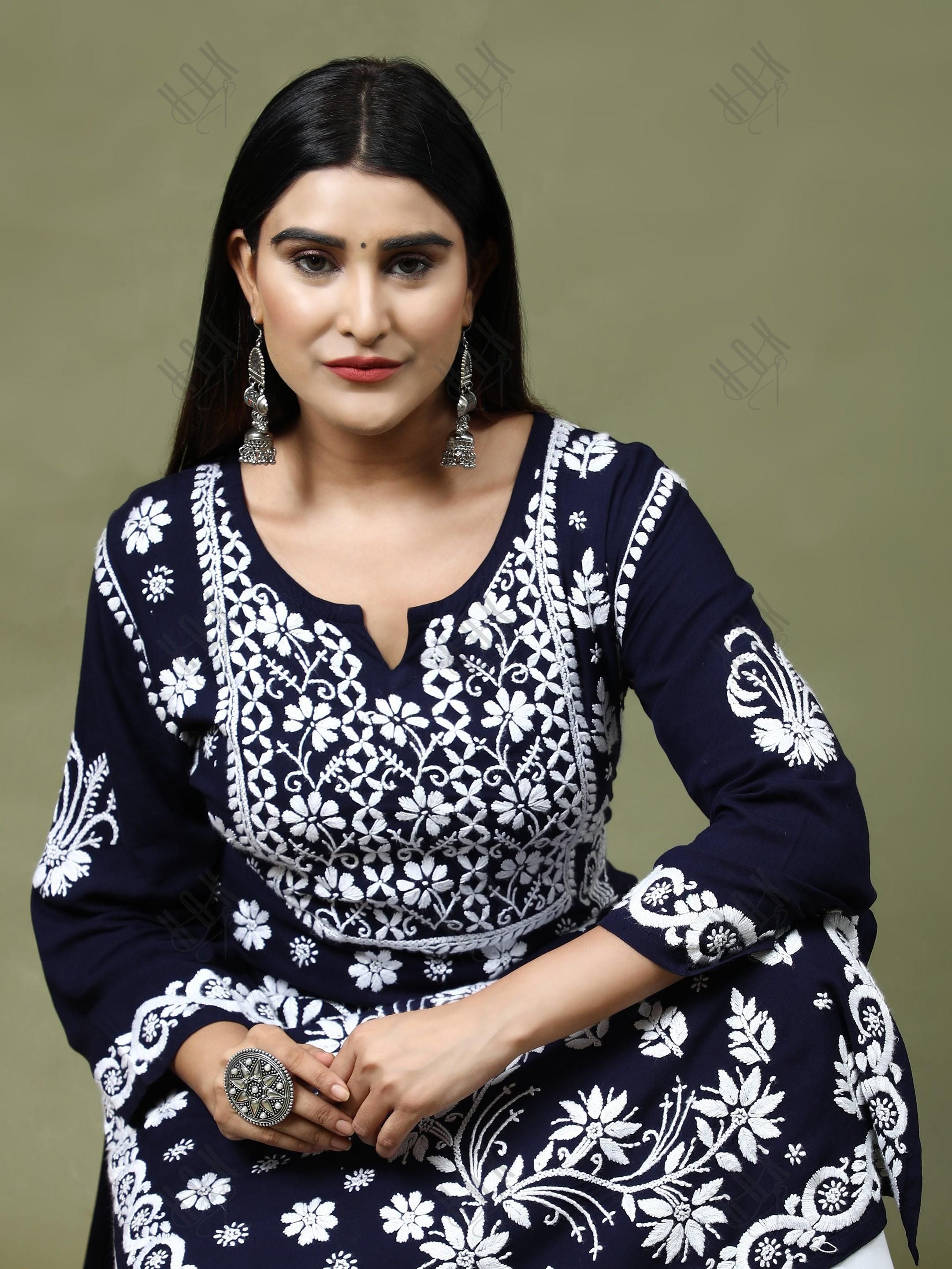 HOK Chikankari Stylish Kurti Dark Blue - House Of Kari (Chikankari Clothing)