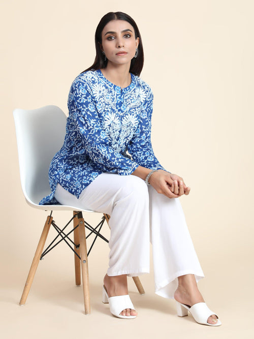 Hand Embroidery Chinakari Printed Short Cotton Tunics-Blue - House Of Kari (Chikankari Clothing)