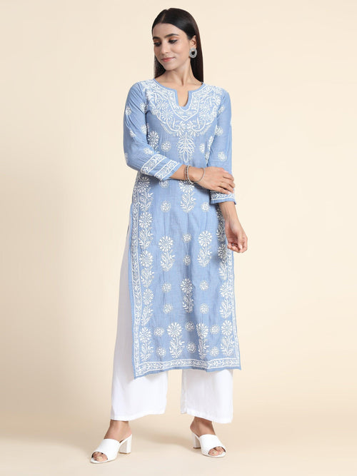 Vartika in Hand Embroidery Chikankari Long Kurti for Women | Stylish Casual | Fancy| Grey Blue & White-2 - House Of Kari (Chikankari Clothing)