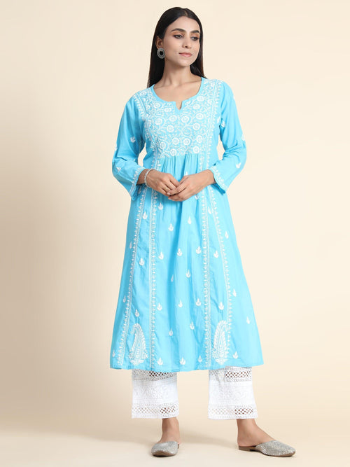 PIa Raeng in Hand Embroidery Chikankari Long Kurti for Women | Stylish Casual | Fancy| Light Blue & White-3 - House Of Kari (Chikankari Clothing)