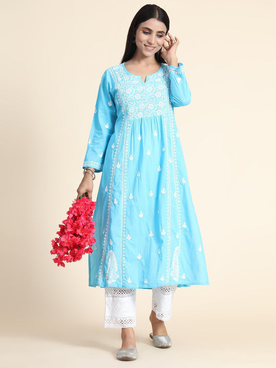 PIa Raeng in Hand Embroidery Chikankari Long Kurti for Women | Stylish Casual | Fancy| Light Blue & White-3 - House Of Kari (Chikankari Clothing)