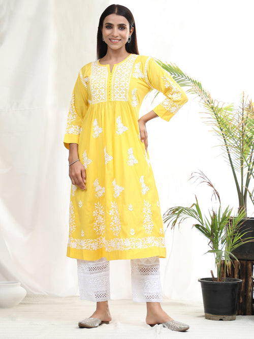 Pooja Gor Hand Embroidery Chikankari Long Kurti for Women | Stylish Casual | Fancy| Yellow & White-4 - House Of Kari (Chikankari Clothing)