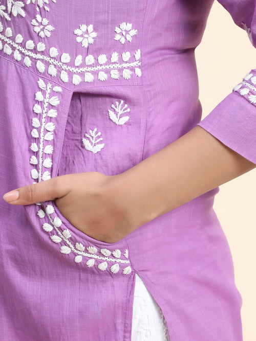 HOK Chikankari Kurti for Women With Pocket - Purple - House Of Kari (Chikankari Clothing)