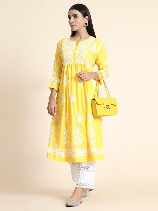 Load image into Gallery viewer, Pooja Gor Hand Embroidery Chikankari Long Kurti for Women | Stylish Casual | Fancy| Yellow &amp;amp; White-4 - House Of Kari (Chikankari Clothing)
