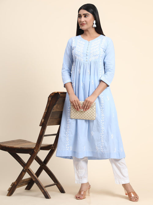 Aastha in Hand embroidery Chikankari Dress-Blue White - House Of Kari (Chikankari Clothing)