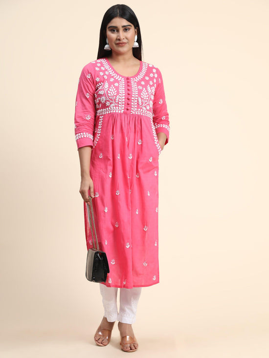 HOK Chikankari Kurti for Women With Pocket - Pink - House Of Kari (Chikankari Clothing)