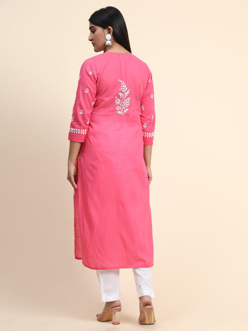 HOK Chikankari Kurti for Women With Pocket - Pink - House Of Kari (Chikankari Clothing)