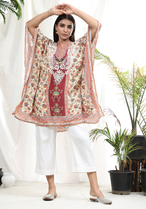 Premium Hand Embroidery Chikankari PolySilk Kaftan Topwear for Women-Multiocolour Long - House Of Kari (Chikankari Clothing)