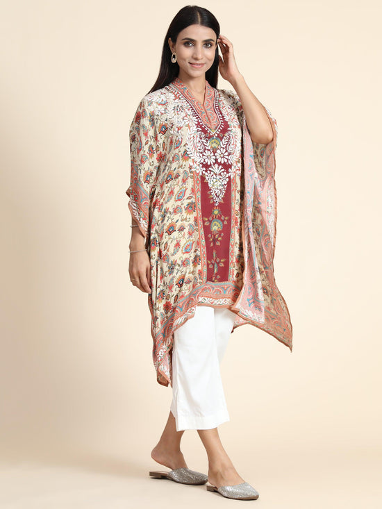 Premium Hand Embroidery Chikankari PolySilk Kaftan Topwear for Women-Multiocolour Long - House Of Kari (Chikankari Clothing)
