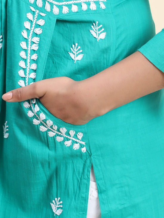 HOK Chikankari Kurti for Women With Pocket - Green - House Of Kari (Chikankari Clothing)
