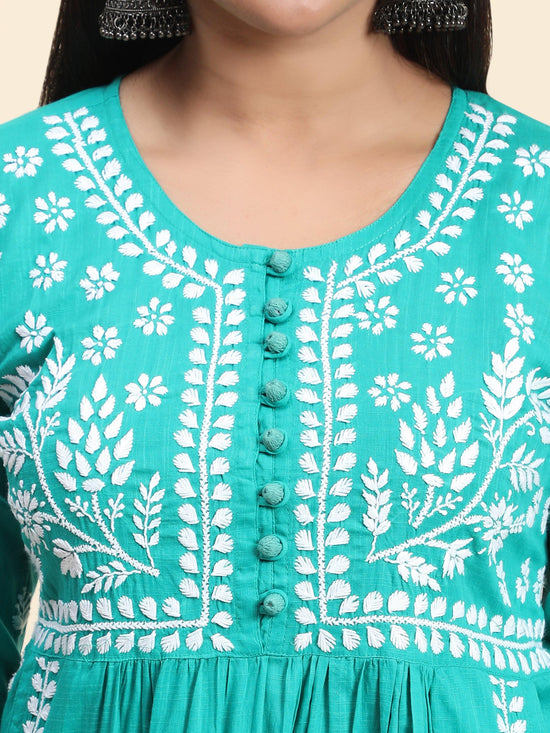 HOK Chikankari Kurti for Women With Pocket - Green - House Of Kari (Chikankari Clothing)