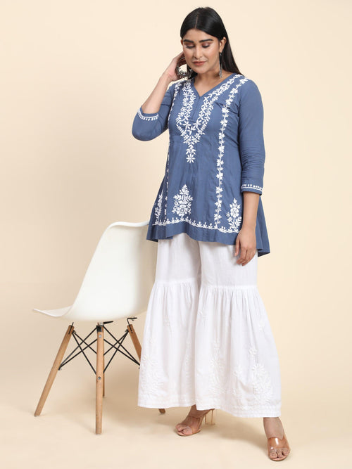 HOK chikankari Tunic for Women - Navy Blue - House Of Kari (Chikankari Clothing)