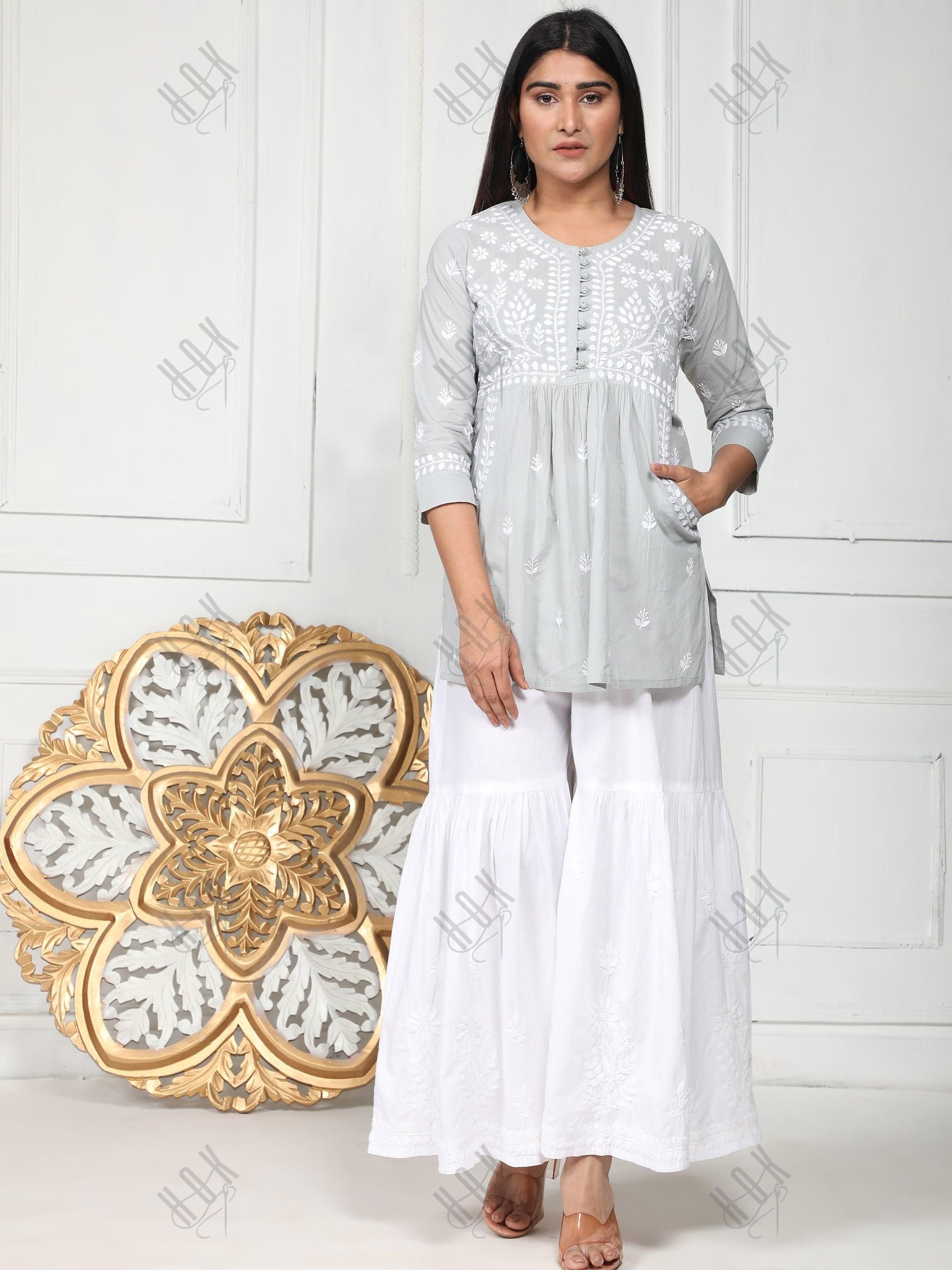 Hand Embroidery Chikankari Tunic for Women - Grey - House Of Kari (Chikankari Clothing)