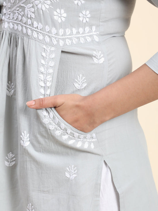 Hand Embroidery Chikankari Tunic for Women - Grey - House Of Kari (Chikankari Clothing)