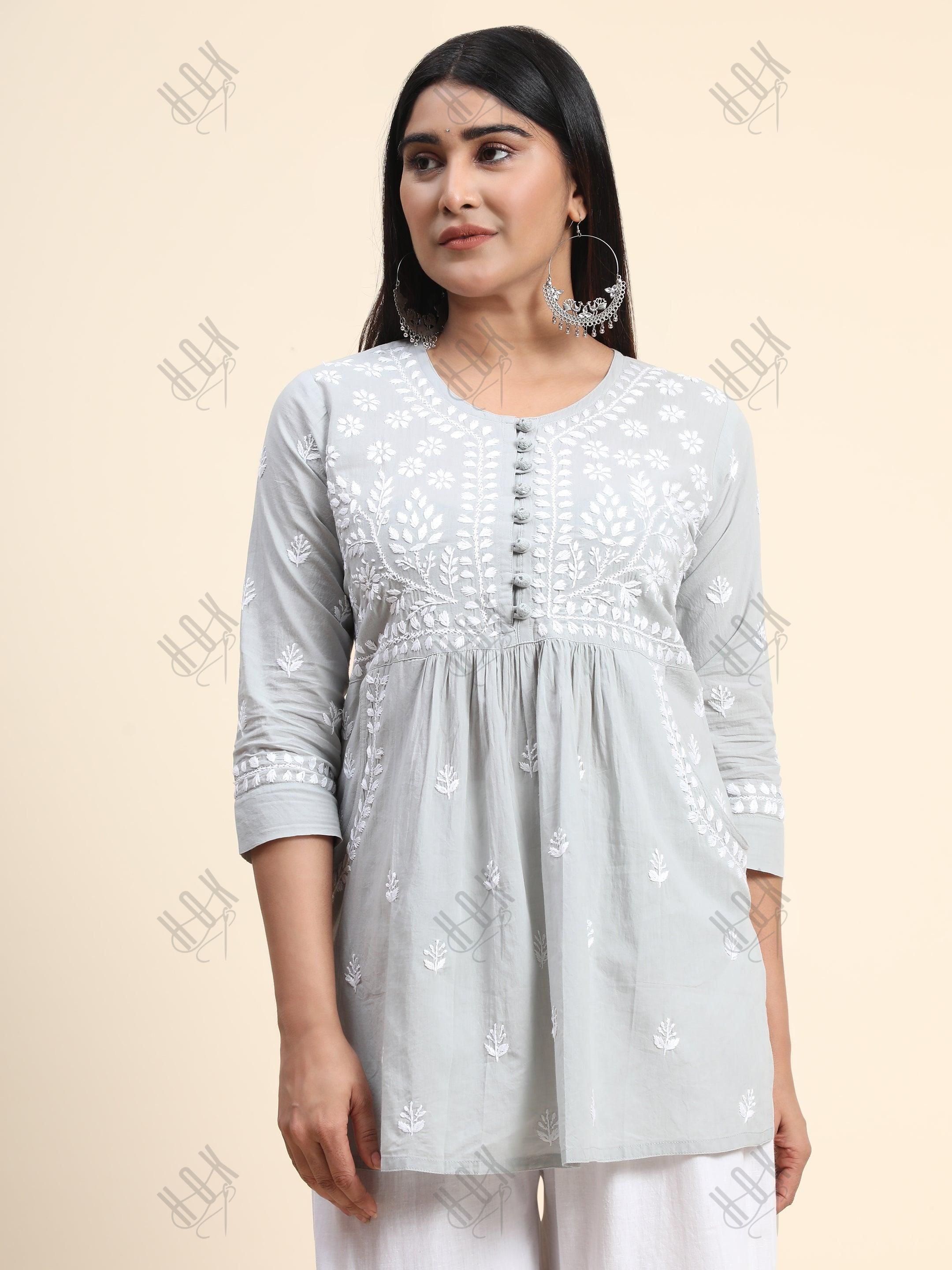 Hand Embroidery Chikankari Tunic for Women - Grey - House Of Kari (Chikankari Clothing)