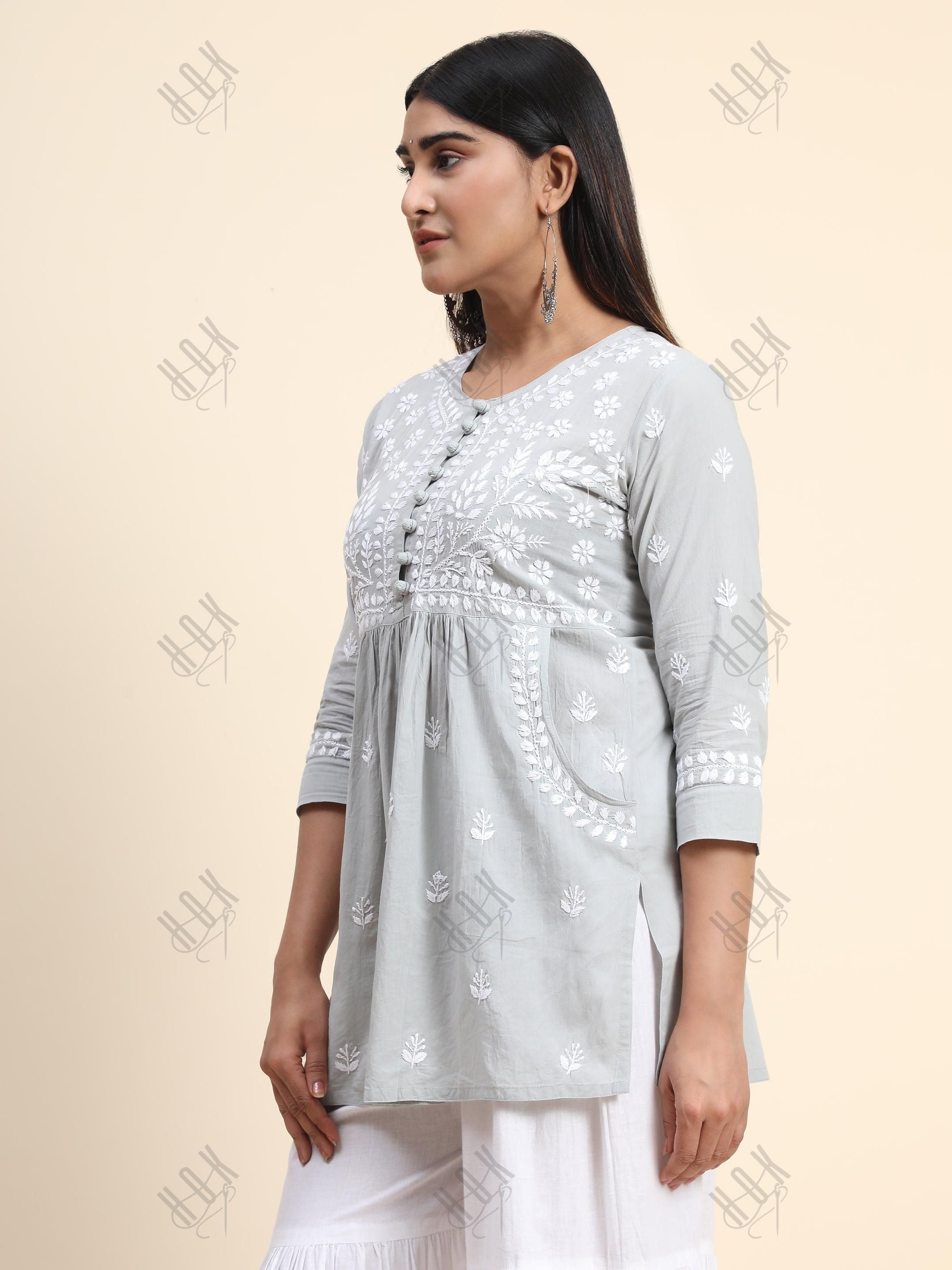 Hand Embroidery Chikankari Tunic for Women - Grey - House Of Kari (Chikankari Clothing)