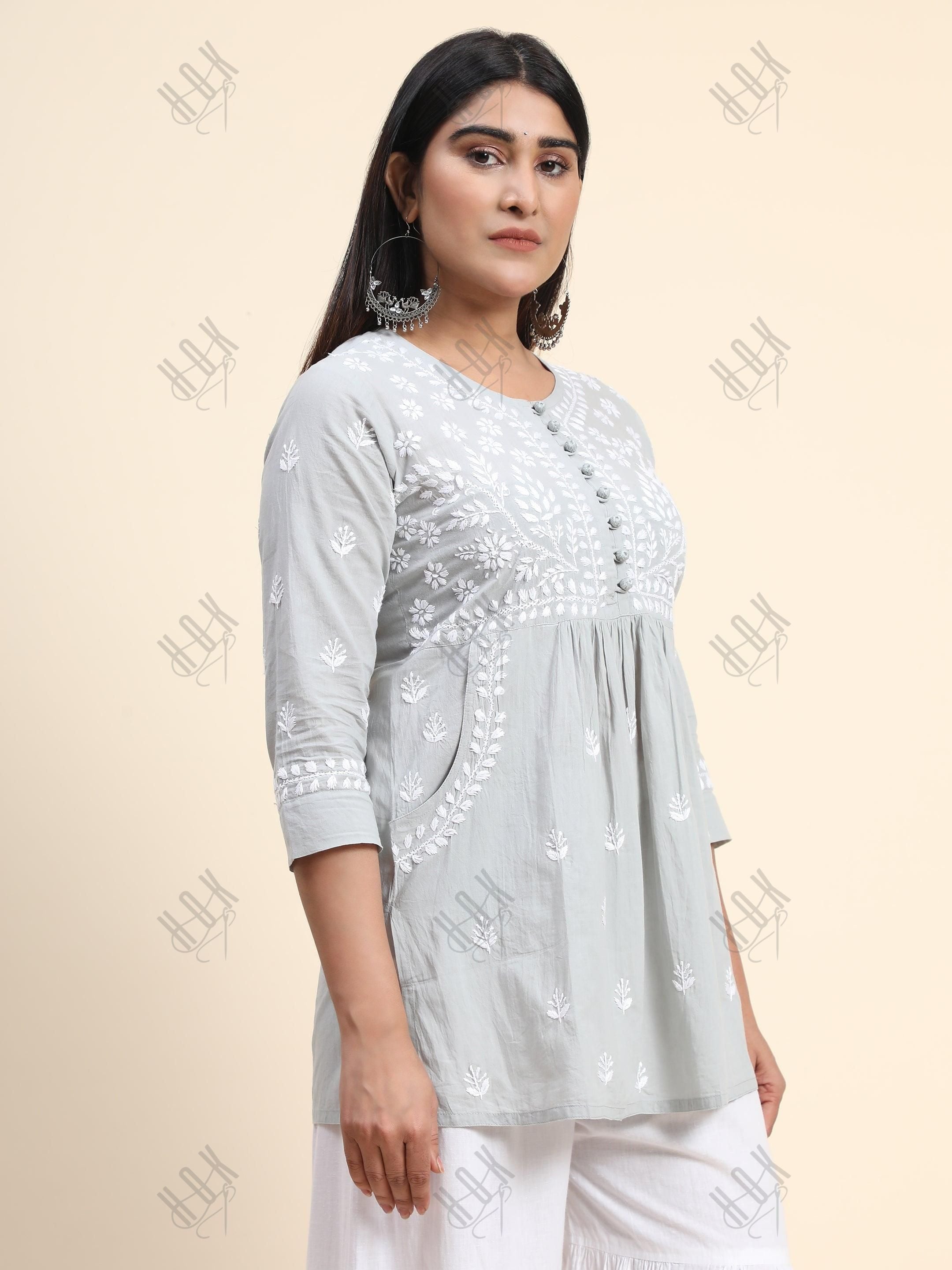 Hand Embroidery Chikankari Tunic for Women - Grey - House Of Kari (Chikankari Clothing)