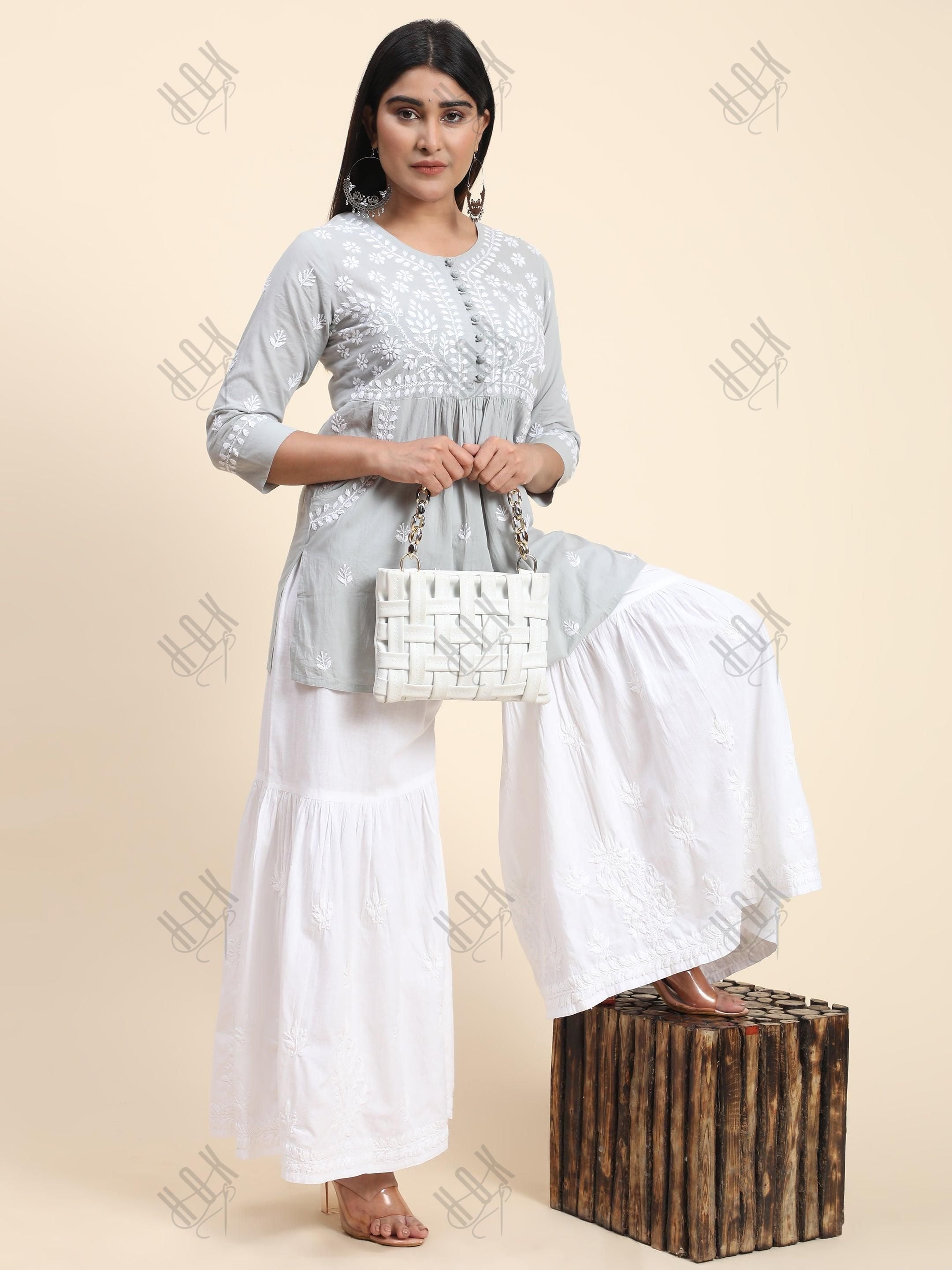 Hand Embroidery Chikankari Tunic for Women - Grey - House Of Kari (Chikankari Clothing)