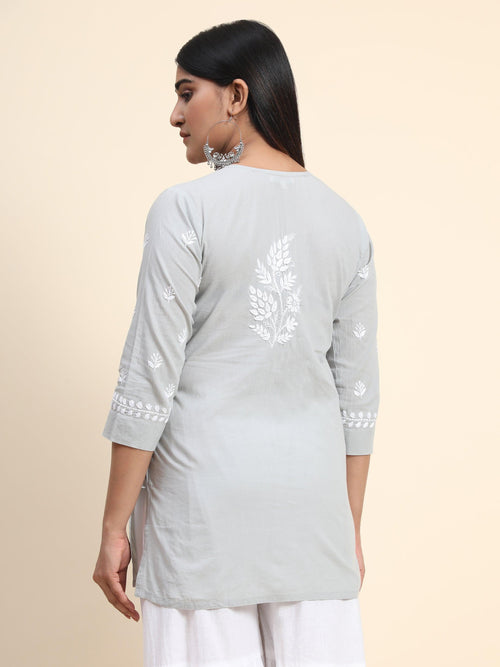 Hand Embroidery Chikankari Tunic for Women - Grey - House Of Kari (Chikankari Clothing)