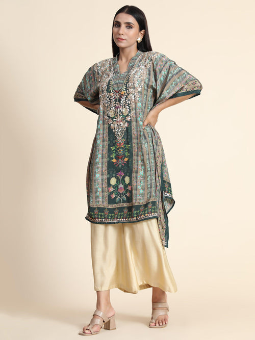 Premium Hand Embroidery Chikankari PolySilk Kaftan Topwear for Women Green - House Of Kari (Chikankari Clothing)