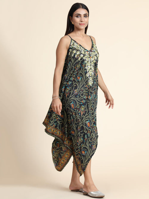 Chickenkari Dress for Women - Dark Multicolour with Collar work - House Of Kari (Chikankari Clothing)