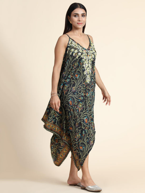 Chickenkari Dress for Women - Dark Multicolour with Collar work - House Of Kari (Chikankari Clothing)